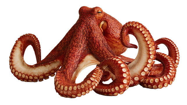 Red giant octopus with textured skin and suction cups on curled tentacles