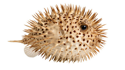 Inflated spiky pufferfish with brown spots and sharp quills © Lyra