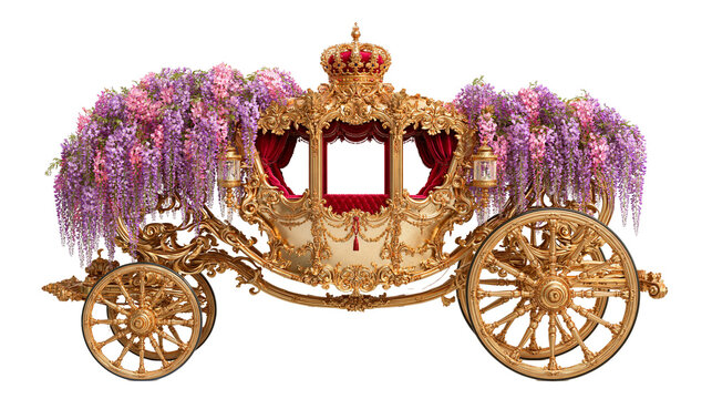 Ornate golden royal carriage decorated with cascading purple wisteria flowers