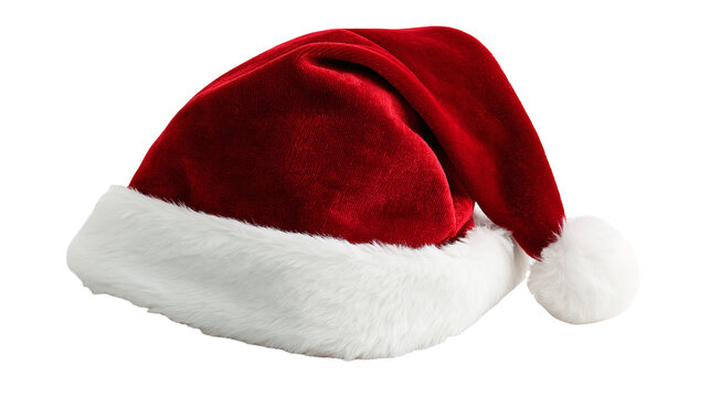 Red velvet Santa Claus hat with white plush fur trim and pompom