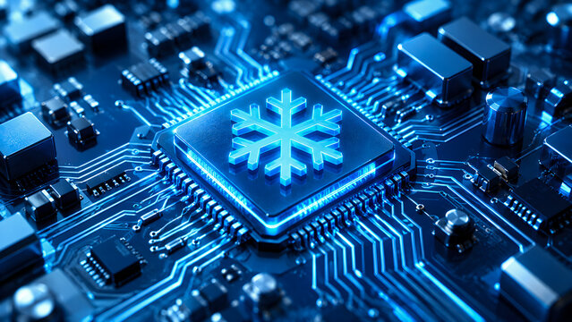 Glowing snowflake icon integrated into a high performance computer processor chip featuring intricate blue electronic circuitry patterns and sleek metallic components for advanced cooling technology c