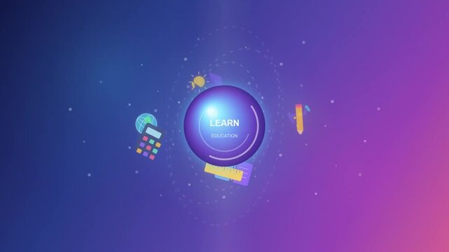 Digital Educational Platform Concept Featuring Floating Stationery Elements and Study Icons for Online Learning and Knowledge Acquisition Interfaces