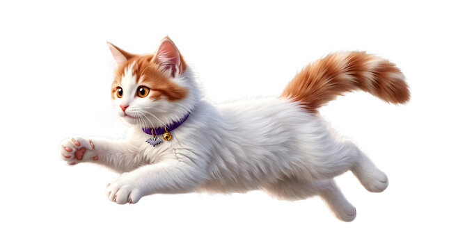 Cute fluffy ginger and white kitten jumping isolated on transparent background