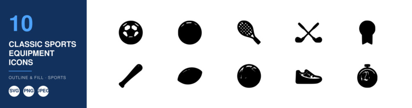 Classic Sports Equipment Icons Set, Outline and Fill Design, Vintage Style, Athletic Gear Illustration