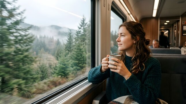 Young woman looking out the train window holding a warm cup of coffee