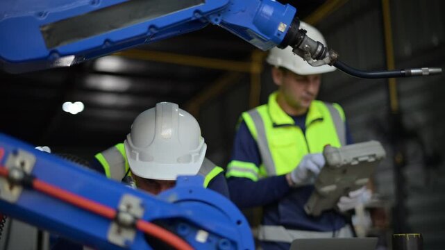 Factory engineers collaborating on robotic arm maintenance