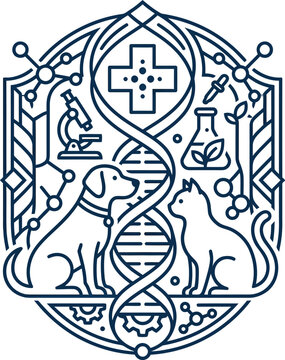 Linear emblem illustration of veterinary science featuring dog cat DNA and medical equipment.