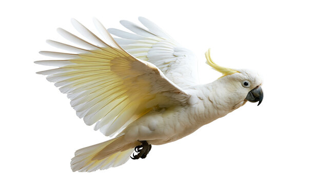 Sulphur-crested cockatoo flying with wings spread wide