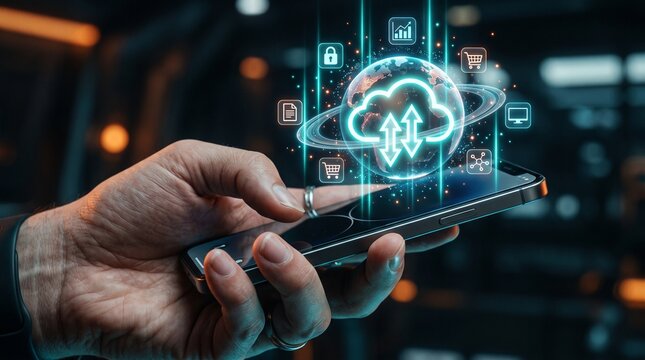 Mobile Cloud Computing Interface: A close-up of a hand holding a smartphone, interacting with a futuristic holographic interface displaying cloud computing icons and data streams.