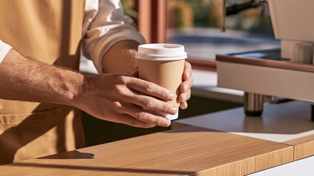 Barista hands placing paper coffee cup on wooden counter, warm sunlight, photorealistic scene with shallow depth of field