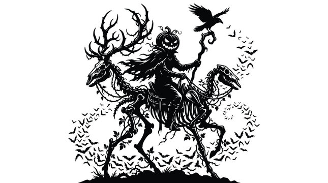 Spooky pumpkin headed rider sitting upon a skeletal beast with antlers and many flying bats in detailed black white vector