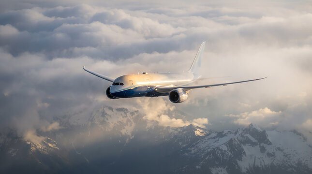 Wide-Body Airliner Cruising Above Mountains and Cloud Layer