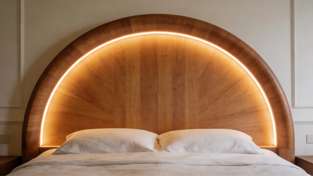Modern wooden arched headboard with LED lighting in bedroom