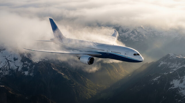 Commercial Aircraft Flying Through Clouds Over Dramatic Mountain Range