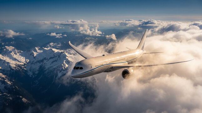 Commercial Airliner Emerging From Clouds Above Snow-Covered Mountains