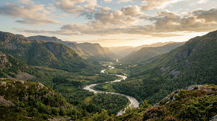 Obraz premium Majestic mountain valley landscape with a winding river at sunset for travel promotion editorial background or high quality nature