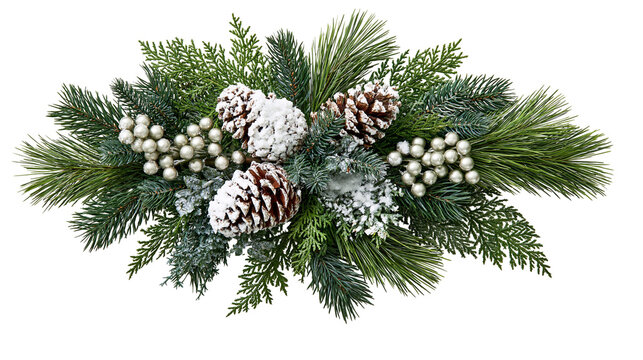 Snowy pine branches with pinecones and silver berries holiday centerpiece