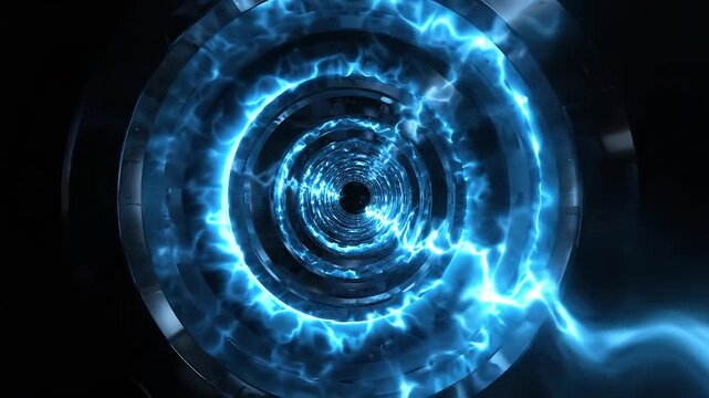 Blue neon singularity forming deep abstract circular vortex in dark space for technology concept. Glowing curved 3d lines spiral inward creating sense of motion and infinity for innovation visuals