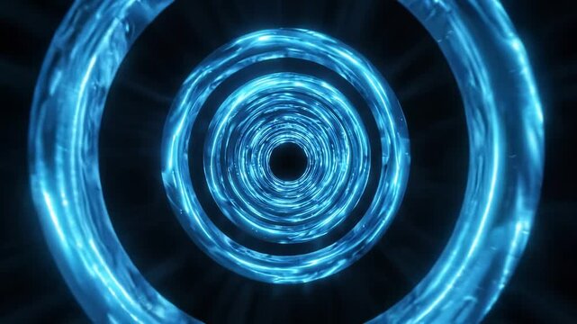 Blue neon singularity forming deep abstract circular vortex in dark space for technology concept. Glowing curved 3d lines spiral inward creating sense of motion and infinity for innovation visuals