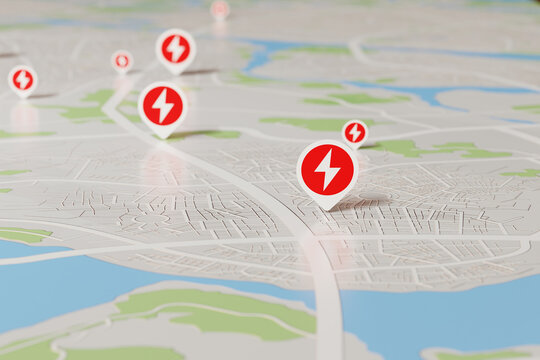 3D rendered city map showing multiple electric vehicle charging locations marked with red lightning icons,