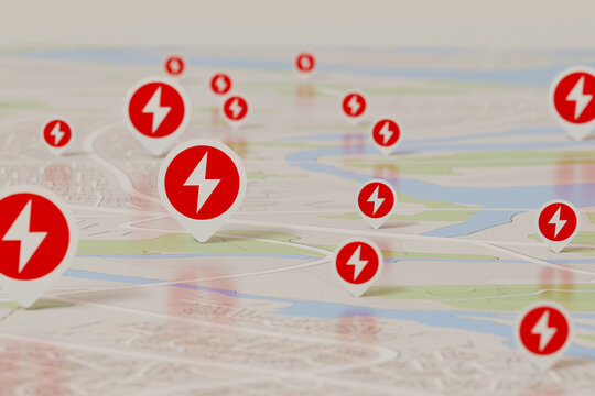3D rendered city map showing multiple electric vehicle charging locations marked with red lightning icons,