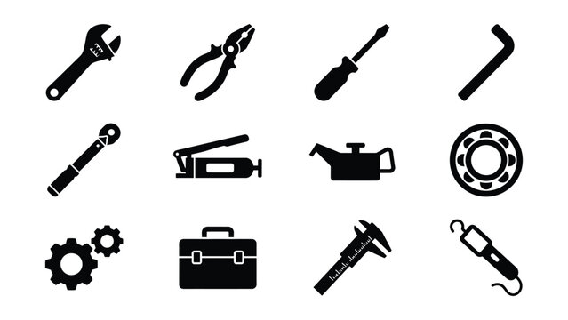 Set of various hand tools and equipment icons with transparent background