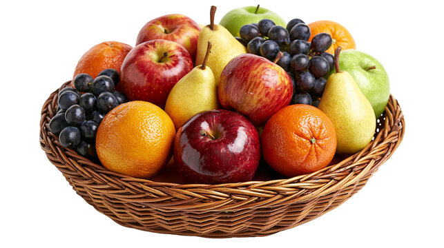Assorted fresh apples pears oranges and dark grapes in a woven wicker basket
