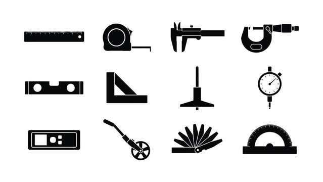 Collection of various precision measuring and drafting tools icons set