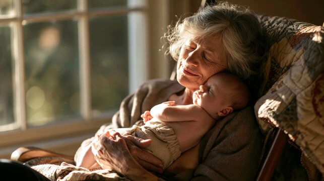 Grandmother Holding Grandchild Wearing Only a Diaper for Skin-to-Skin
