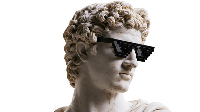 Classical marble statue head of David wearing black pixelated sunglasses