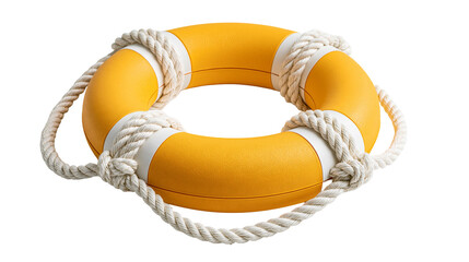 Yellow and white plastic lifebuoy ring with thick woven rope grab lines © Lyra