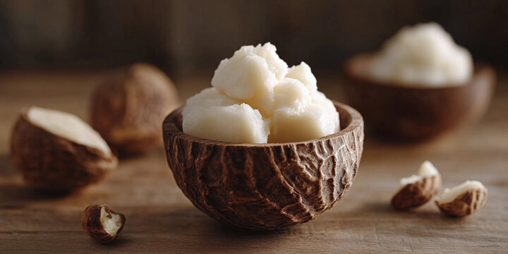 Fresh organic shea butter in a wooden bowl with vitellaria paradoxa nuts on a rustic table background for natural cosmetic skincare beauty product presentation and wellness spa promotion marketing sho