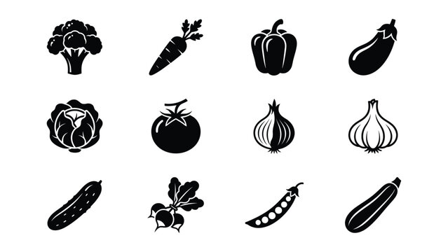 Black and White Vector Icons of Various Fresh Vegetables Set
