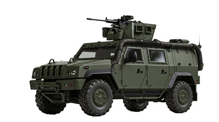 Olive green armored military tactical vehicle with roof mounted machine gun © Lyra