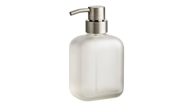 Square frosted glass soap dispenser with brushed metal pump head