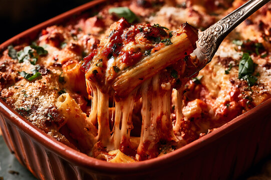 spoon scooping baked ziti with thick melted mozzarella strings