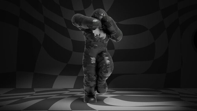 Seamless loop of dancing character in padded protective suit against distorted checkerboard pattern room. Hip hop dancer performing in monochrome studio space, club performance concept background.