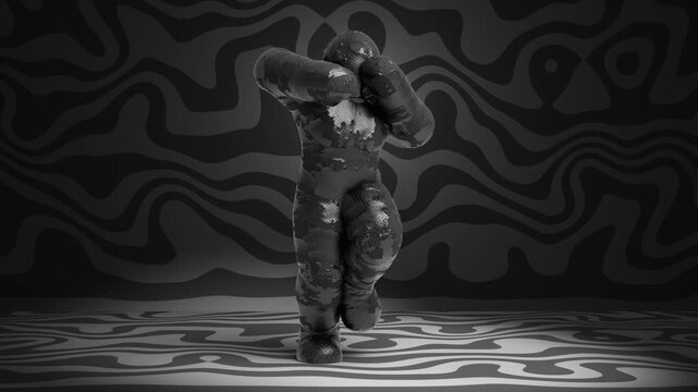 Seamless loop of dancing character in padded protective suit against distorted checkerboard pattern room. Hip hop dancer performing in monochrome studio space, club performance concept background.