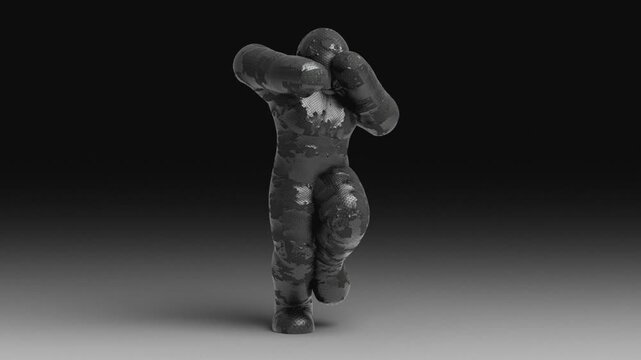 Seamless loop of dancing character in padded protective suit against distorted checkerboard pattern room. Hip hop dancer performing in monochrome studio space, club performance concept background.