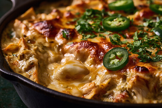 bubbling Southwestern chicken tortilla casserole with cilantro
