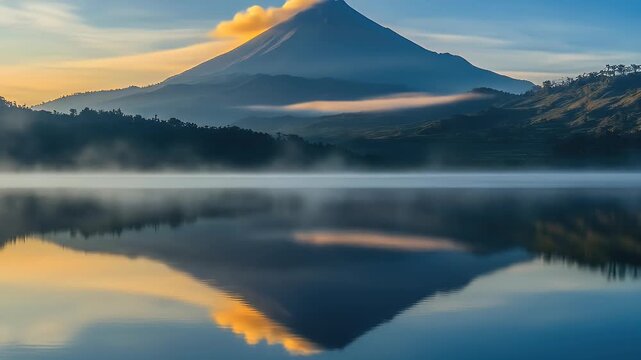 Mountain reflects in still lake beneath a misty sunrise