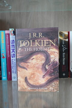 The Hobbit book by J.R.R. Tolkien with dragon cover art displayed on a home bookshelf collection