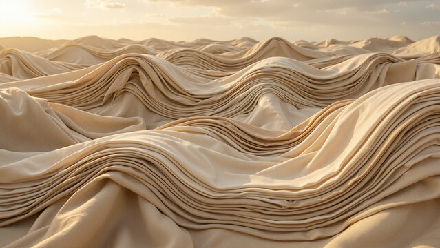 Abstract desert landscape with undulating beige fabric sand dunes