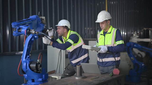 Industrial engineers collaborating on robotic arm programming