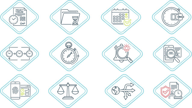 Blue line time management and project deadline tracking rhombus sign icon set featuring calendars stopwatches legal scales and security check shields