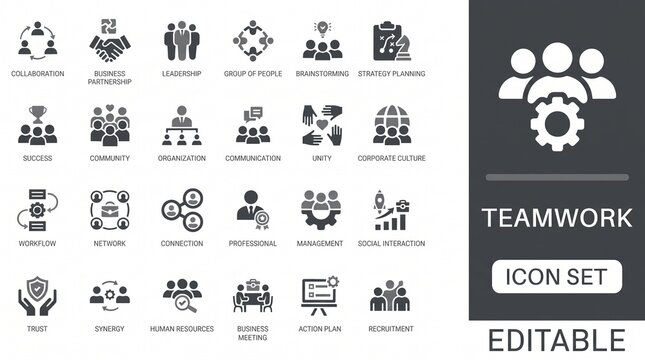Business teamwork, team building, work group, Professional work and human resources minimal thin line web icon set. Outline icons collection. Editable vector 