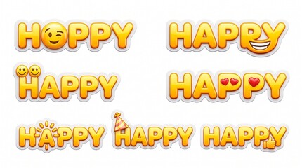 Fototapeta premium Vibrant yellow 3D glossy HAPPY text stickers featuring emoji faces and party symbols, ideal for celebratory social media graphics.