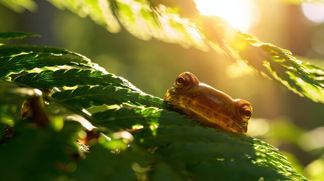 Small Brown Salamander Resting on Green Fern Leaf in Sunny Forest