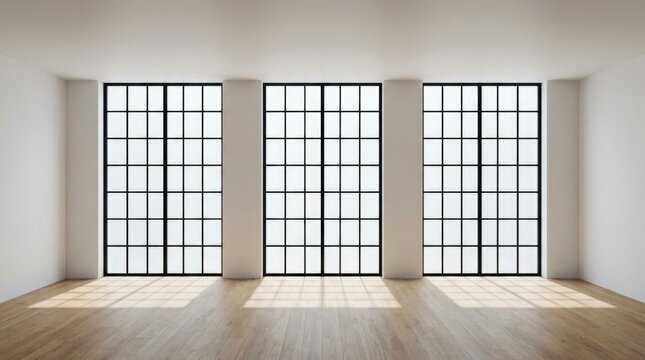 Bright empty loft interior with large industrial windows and wooden floor.