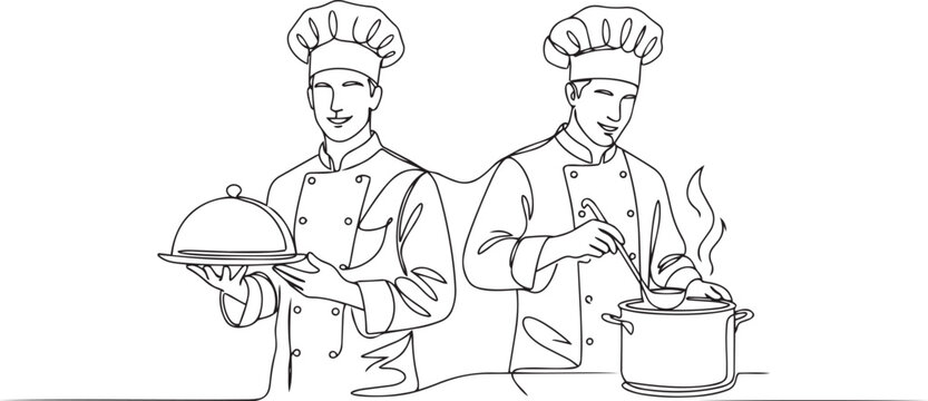 Two professional chefs cooking and serving food line art